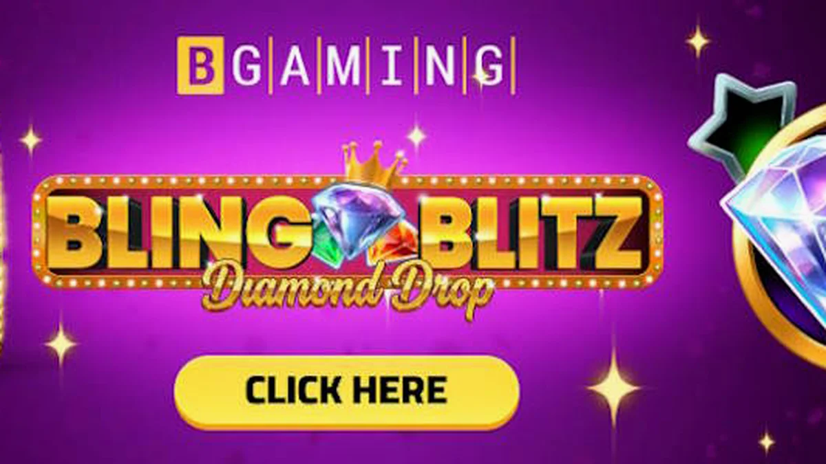 Tampilan visual mewah dari Bling Blitz Diamond Drop dengan latar belakang gelap dan simbol berlian.