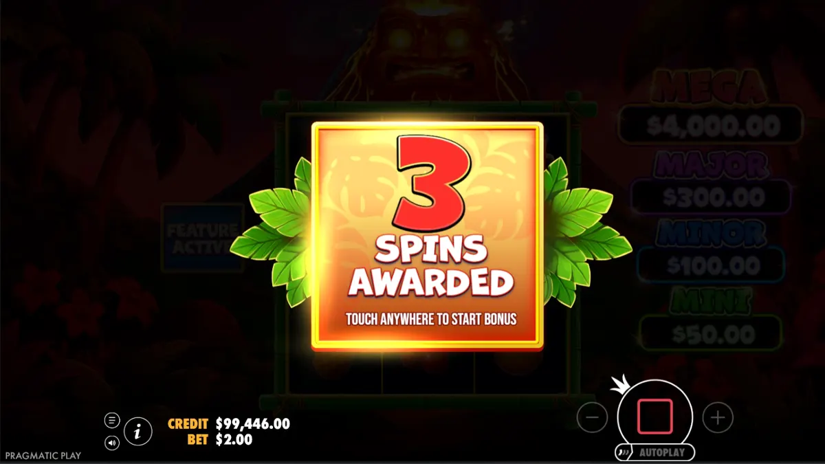Tampilan visual slot Super Tiki Strike dengan latar belakang gunung berapi dan simbol tiki.